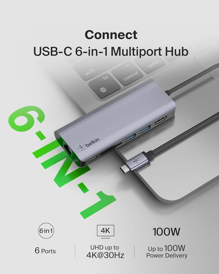Belkin USB-C-Hub, 6-in-1-MultiPort-Adapter-Dock mit 4K-HDMI, USB-C und 100 W zum Laden (Passthrough)