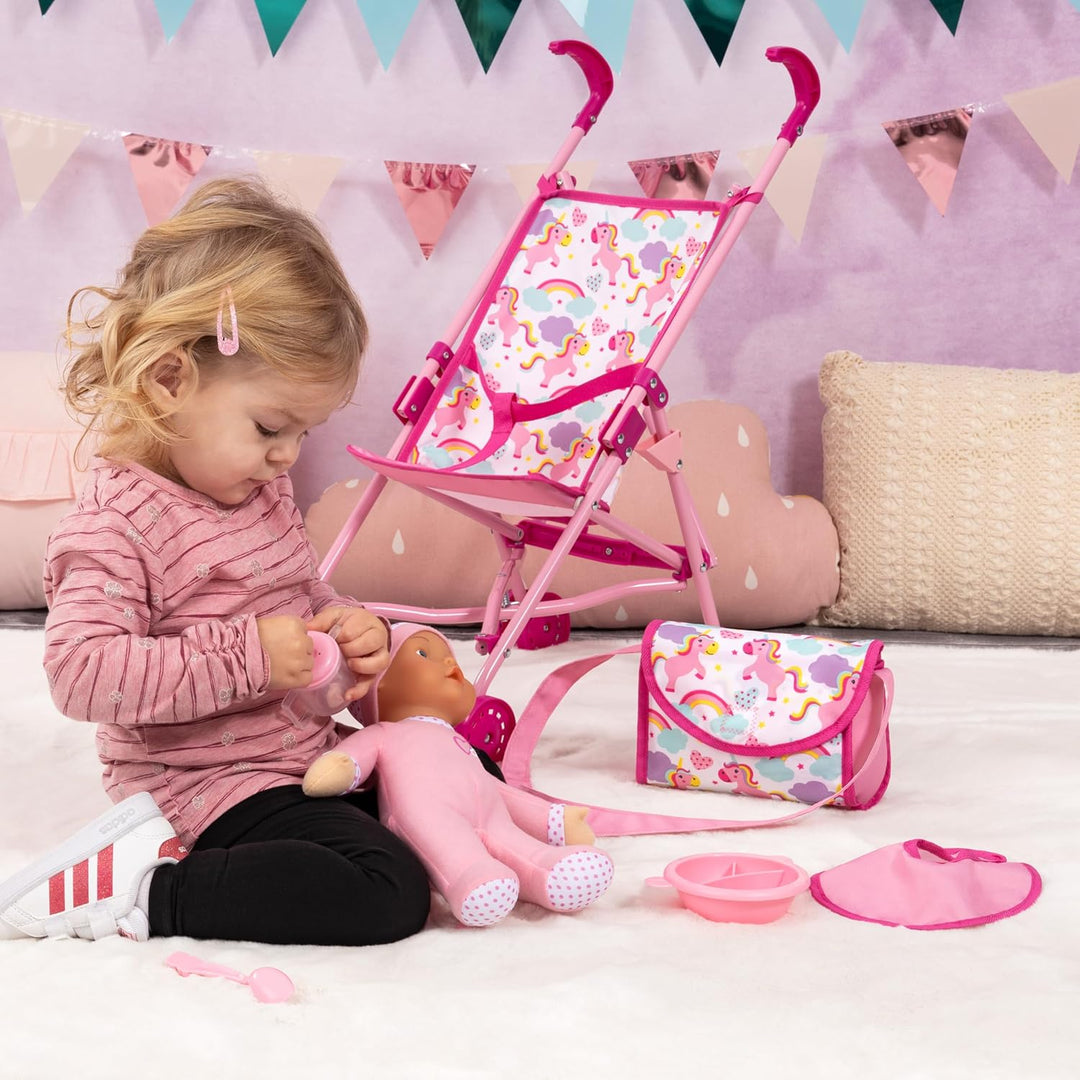 Bayer Design 30585AB Faltbarer Puppenbuggy, Doppelräder, mit weicher Babypuppe, Tasche, Zubehör, Ros