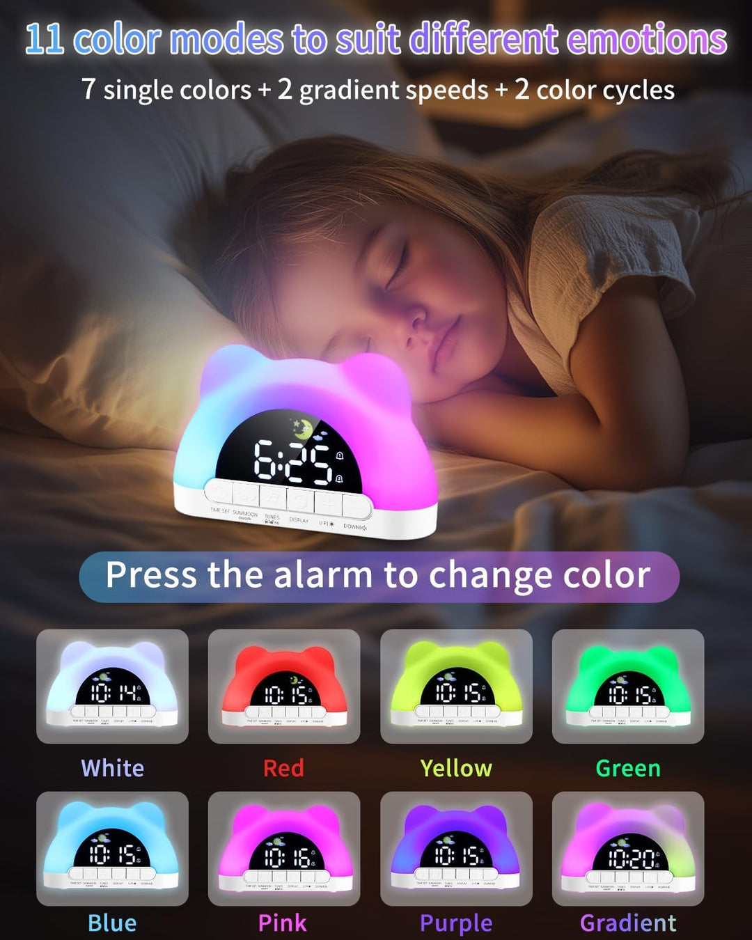 PERMUST Wecker Kinder 10 Weckerlärme, 11 RGB-Farben, 2 Alarme + Snooze, Schlaftrainer, Einstellbare