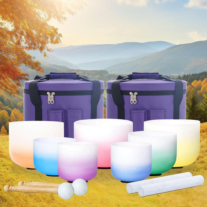 KVKA Chakra Singing Bowls Set of 7 432 hz 6-12 Inch Candy Color with Heavy Duty Carrying Cases and R