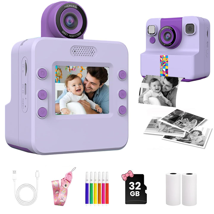 Sofortbildkamera Kinder,Kinderkamera Kompaktkameras 1080P HD Sofortdruck von Fotos,mit 2 Rollen Druc