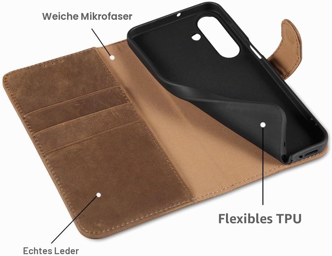 LENSUN Lederhülle für Samsung Galaxy A26 5G, Echtleder Hülle [Kartenfach][RFID Schutz][Echtes Leder]