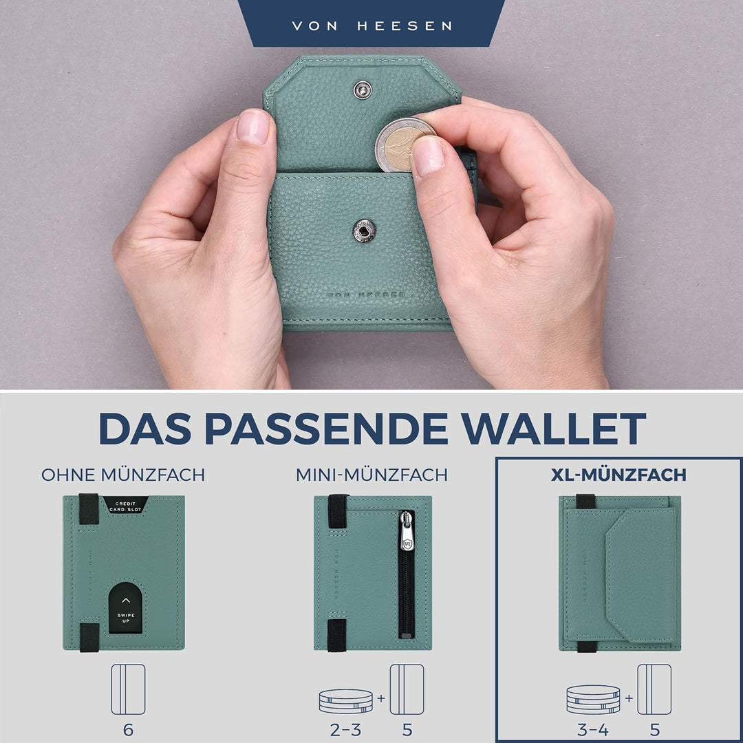 VON HEESEN Slim Wallet mit XL Münzfach &amp; RFID-Schutz - Leder Geldbeutel - Mini Geldbörse für Herren