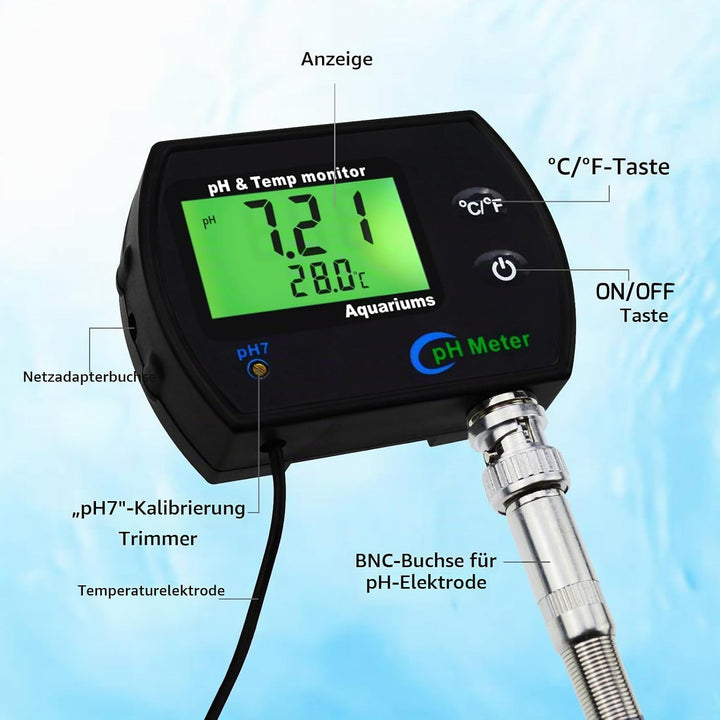 2-in-1-pH- und Temperatur monitor, pH-Meter mit Hintergrundbeleuchtungsfunktion, Doppelanzeige 0,00–