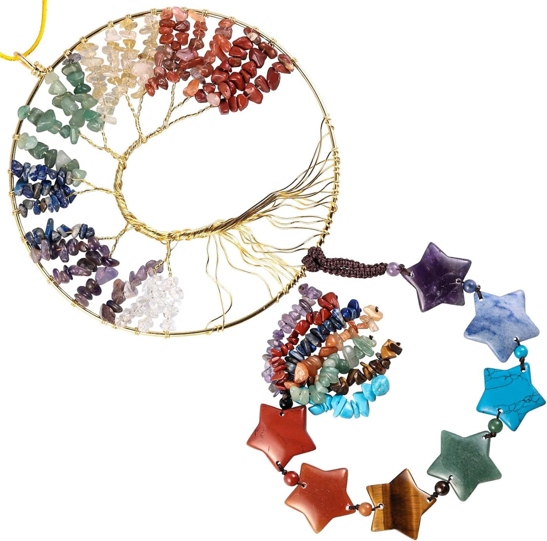 KYEYGWO 7 Chakren Stein Baum des Lebens Hängen Deko mit Stern Trommelsteine Quaste, Kristall Wand Hä