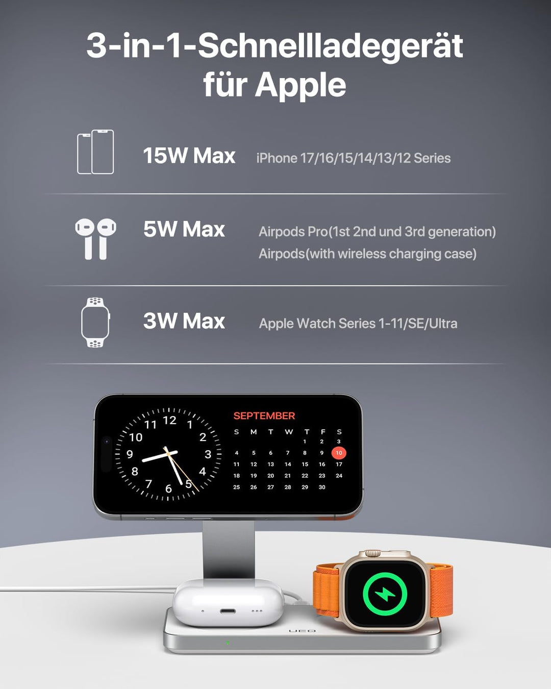 Induktive Ladestation Kompatibel mit Magsafe Ladegerät,QTlier 3 in 1 iPhone Ladestation für 17/16/15