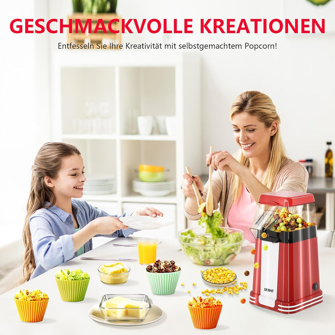 YASHE Popcornmaschine Retro, 1200W Heissluft-Popcornmaschine mit Messbecher, One-Touch, Ölfrei, Perf