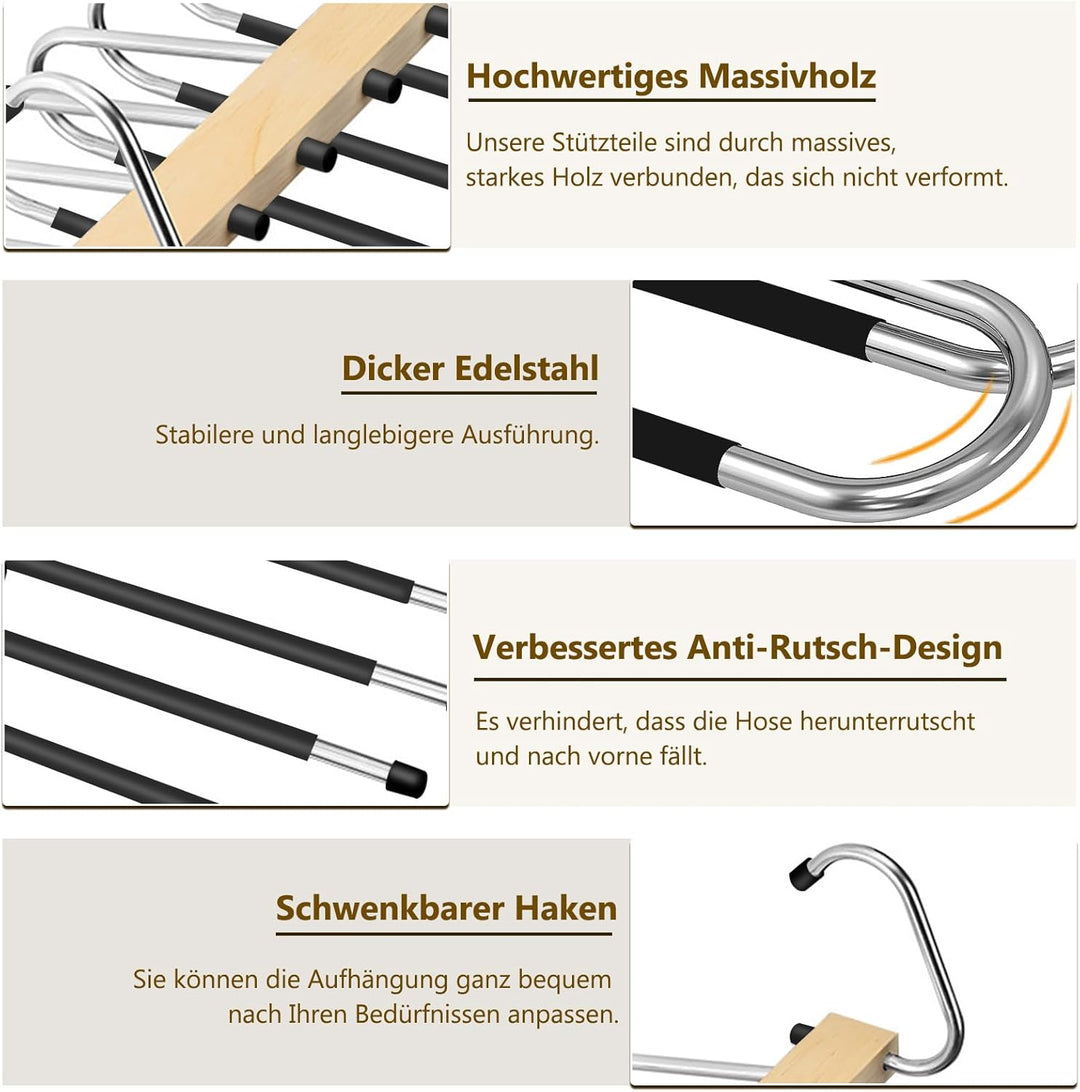 YUNLEX 2 Stück 6 in 1 Holz Hosenbügel Platzsparend | Rutschfeste Magische Kleiderbügel, Faltbare Hos