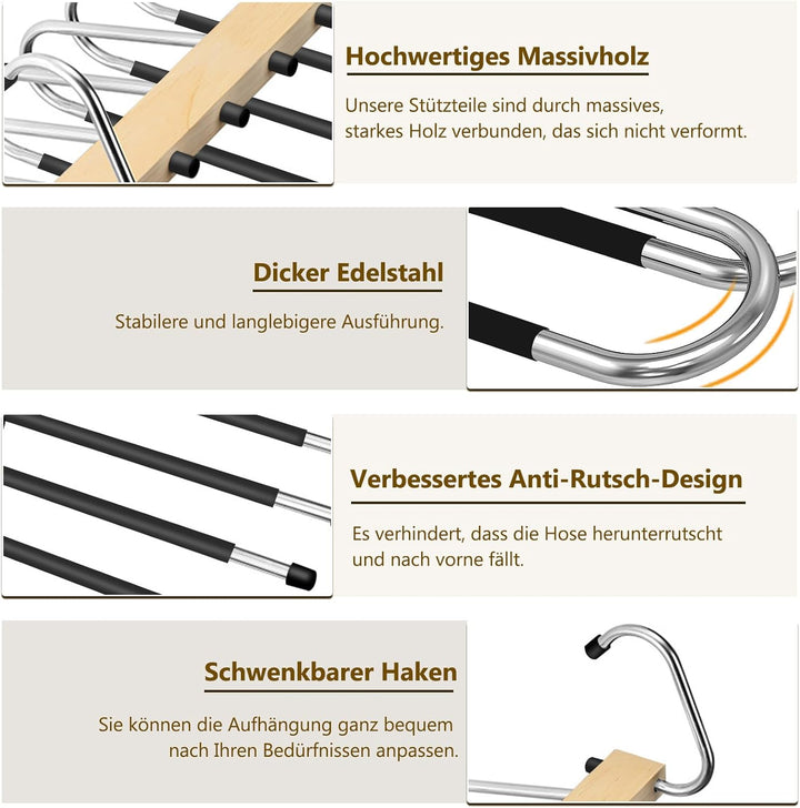 YUNLEX 2 Stück 6 in 1 Holz Hosenbügel Platzsparend | Rutschfeste Magische Kleiderbügel, Faltbare Hos