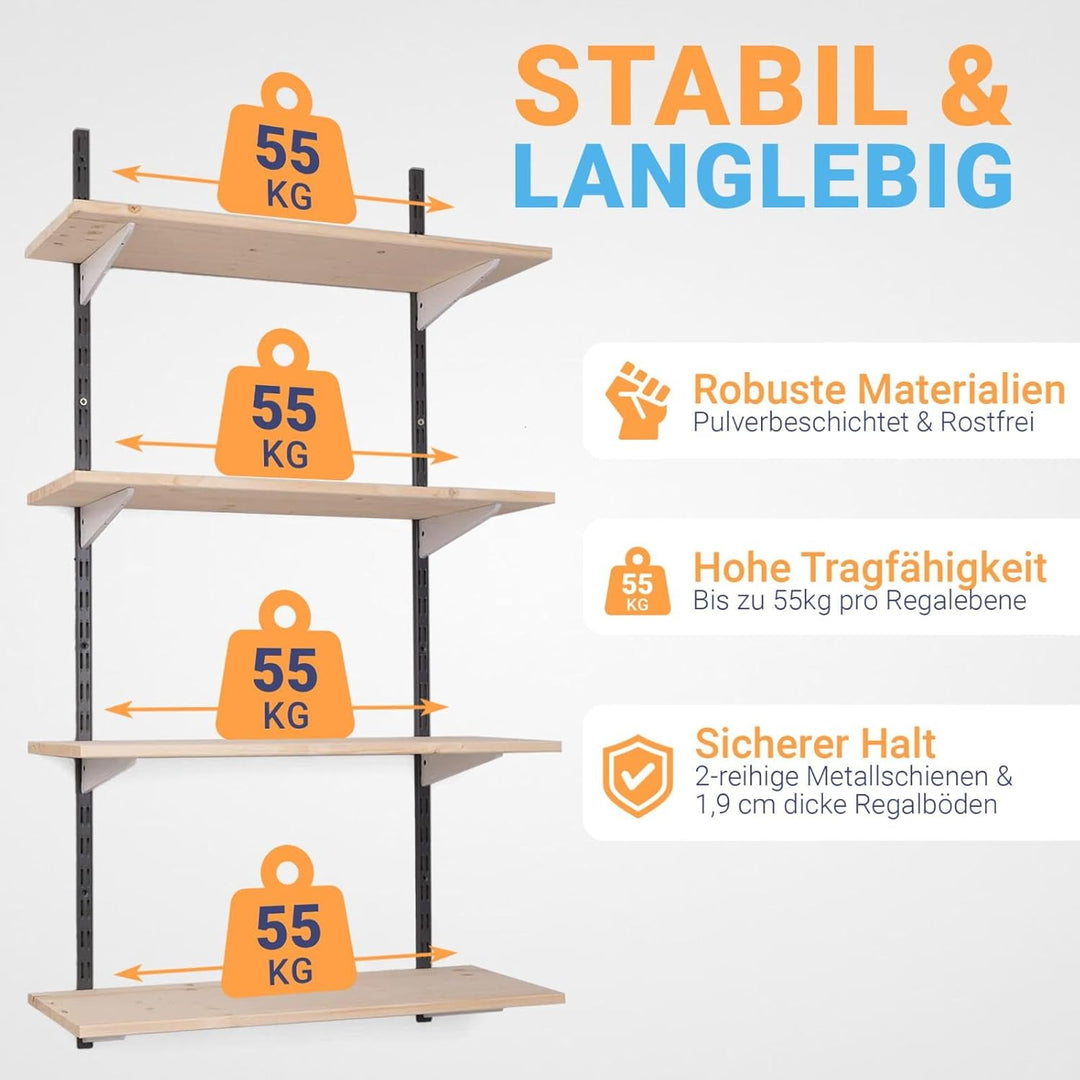 Wandregal Bausatz mit Boden · Höhe: 150 cm · 2 Ebenen in 80 x 40 cm (B x T) · Farbe: schwarz/weiss ·