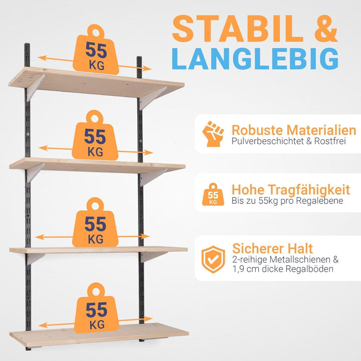 Wandregal Bausatz mit Boden · Höhe: 150 cm · 2 Ebenen in 80 x 40 cm (B x T) · Farbe: schwarz/weiss ·