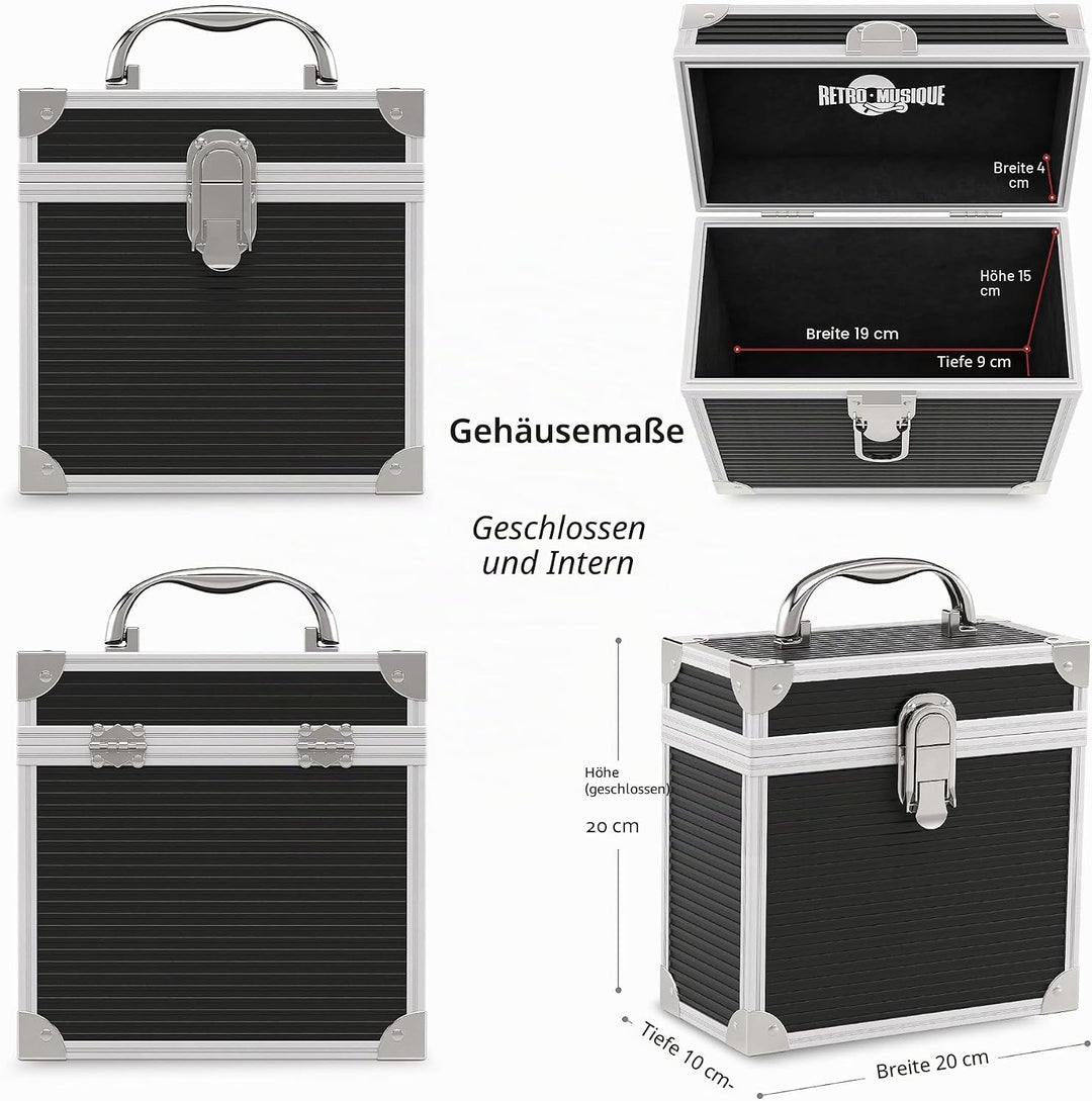 17,8 cm grosser Aluminiumkoffer für bis zu 35 EPs (in PVC-Taschen) und 35 Aussentaschen für Schallpl