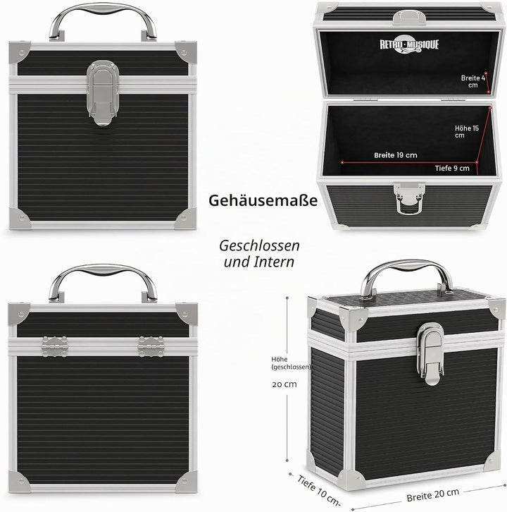 17,8 cm grosser Aluminiumkoffer für bis zu 35 EPs (in PVC-Taschen) und 35 Aussentaschen für Schallpl