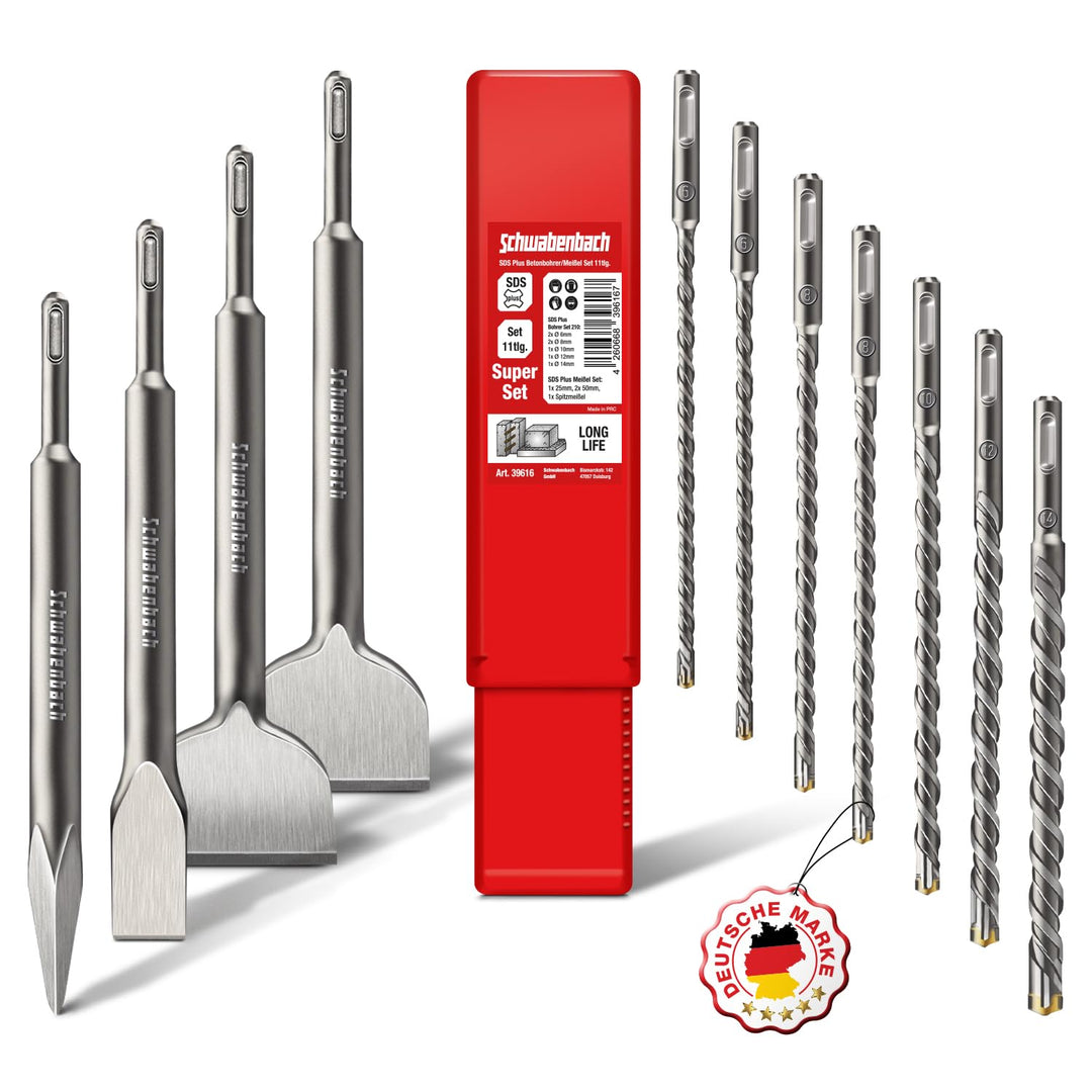 SCHWABENBACH ® SDS PLUS Bohrer- und Meissel-Set 11tlg 7x Betonbohrer 6-14 mm + 4x Meissel Kompatibel