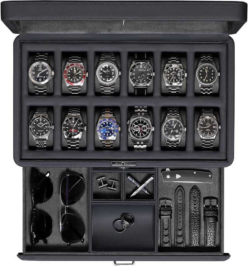 ROTHWELL Luxus Uhrenbox für 12 Uhren - PU Leder Uhrenbox mit Echtglasdeckel - Ausziehbare Zubehörsch