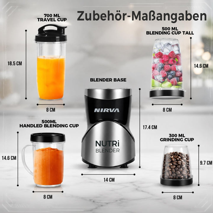 Nirva 4 in 1 Mini Mixer, Smoothie Maker mit 4 Tragbare, Mixbechern Zweiblatt und Vierblatt Edelstahl