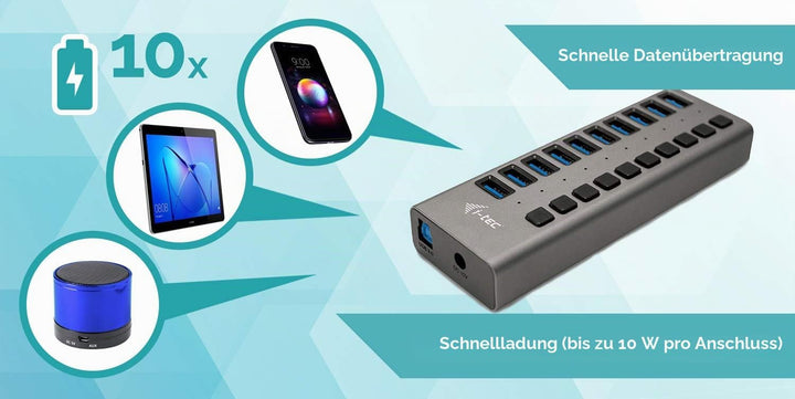 i-tec USB 3.0 Charging HUB 10-Port mit Externem Netzadapter 48W - 10x USB Ladeport Single, Single