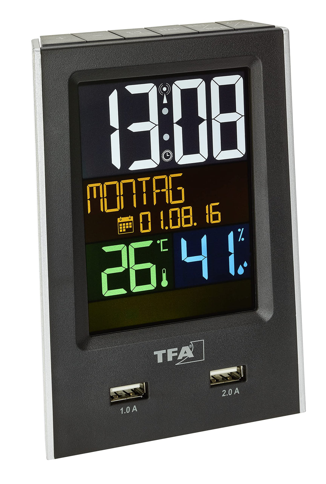 TFA Dostmann Charge-IT digitaler Funk-Wecker, 60.2537.01, mit USB-Ladefunktion, Raumklima, mit Kurzs
