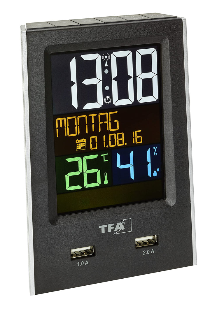 TFA Dostmann Charge-IT digitaler Funk-Wecker, 60.2537.01, mit USB-Ladefunktion, Raumklima, mit Kurzs