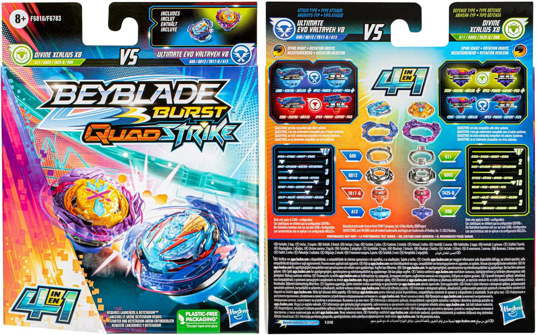 Beyblade Burst QuadStrike Ultimate Evo Valtryek V8 und Divine Xcalius X8 Kreisel Doppelpack, Battle