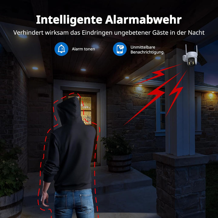 2K Überwachungskamera Aussen Akku Solar, 360° PTZ Überwachungskamera Outdoor Kabellos mit Solarpanel