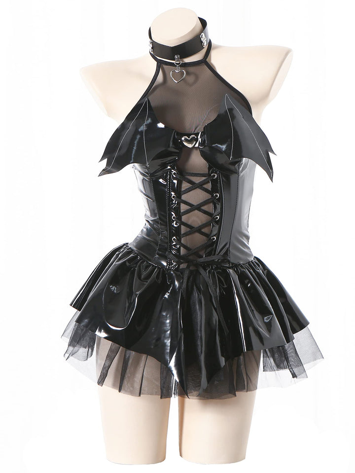 Zyimsva Damen Cosplay Halloween Kostüm Fledermaus Imp See-Through Skirt Set XXL Schwarz, XXL Schwarz