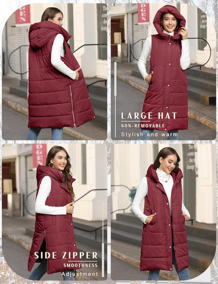 Yuson Girl Lange Jacke Weste für Damen Ärmellose Kapuzenweste Steppweste Damen Lang Winteroberbeklei