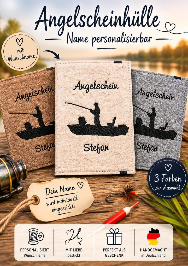 Personalisierte Angelscheinhülle Filz mit Name | Angelpass Hülle