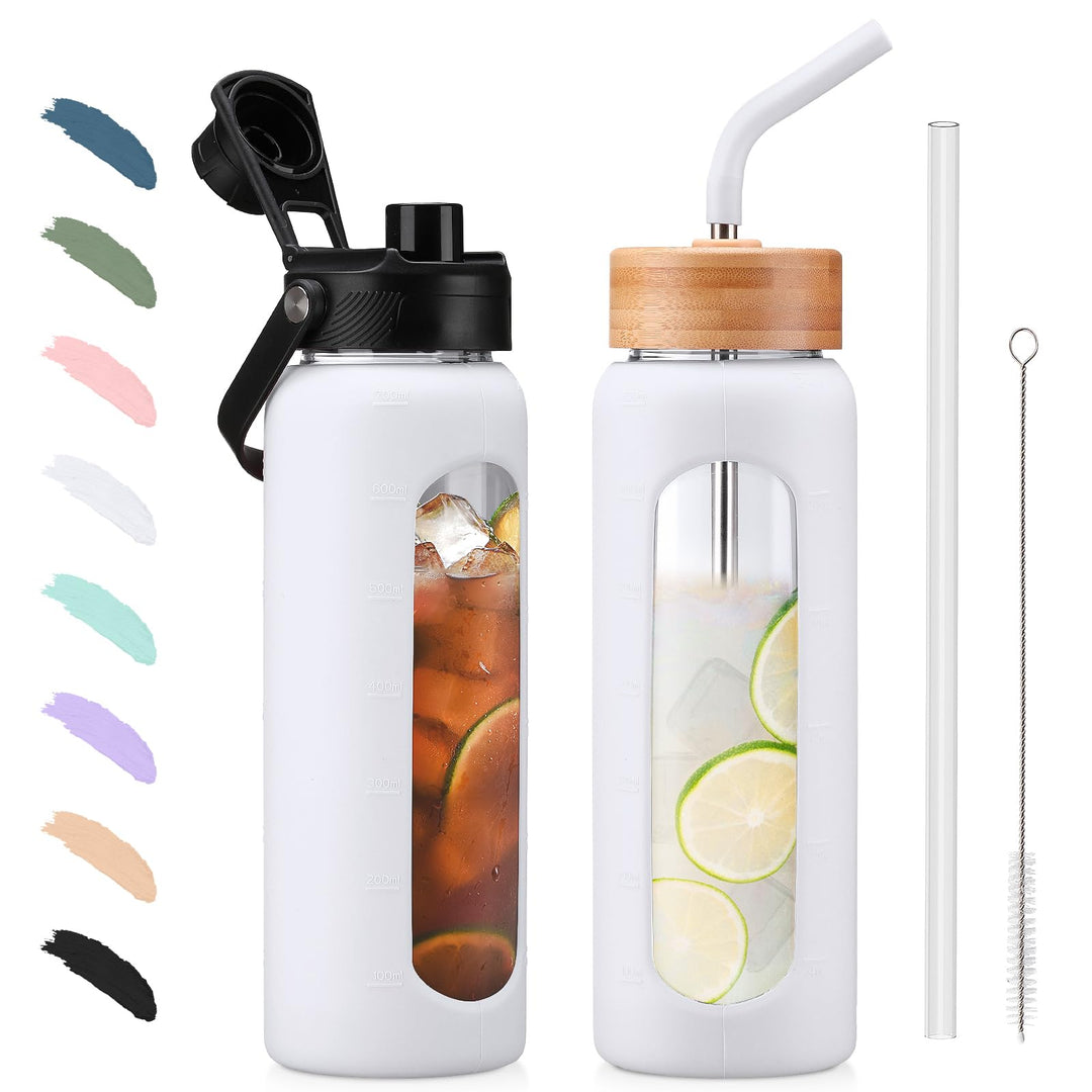 BLUEGO 700ml Glaswasserflasche mit Strohhalm und 2 Deckeln Kaffeetasse aus Glas mit Zeitmarkierung u