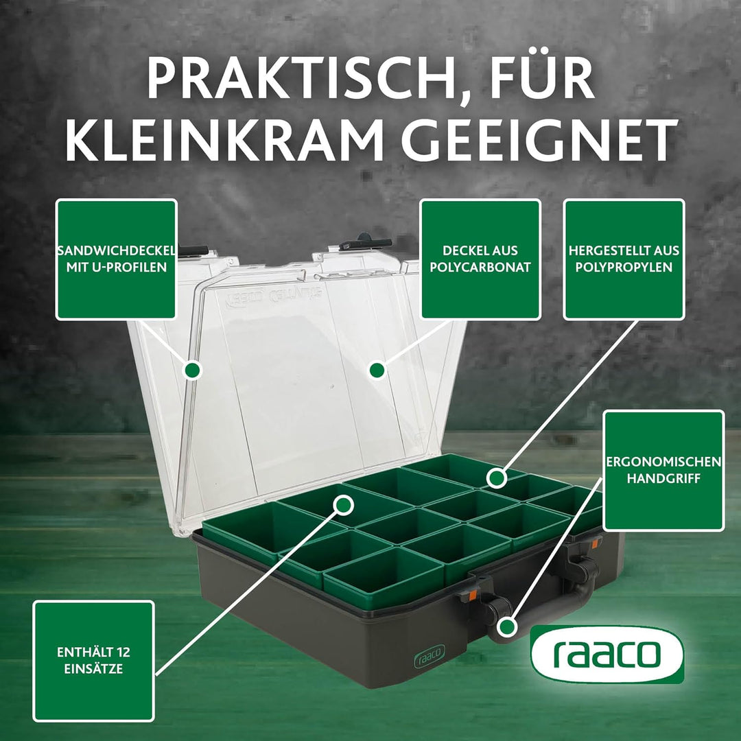 raaco CarryLite 80 4x8-12: Premium Sortierbox für Werkstatt mit Sandwich-Deckel, 12 Einsätze, Sortim