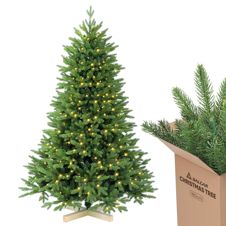 SALCAR Künstlicher Weihnachtsbaum 180 cm mit Warm LED-Beleuchtung und Holzständer, PE-Spritzguss und