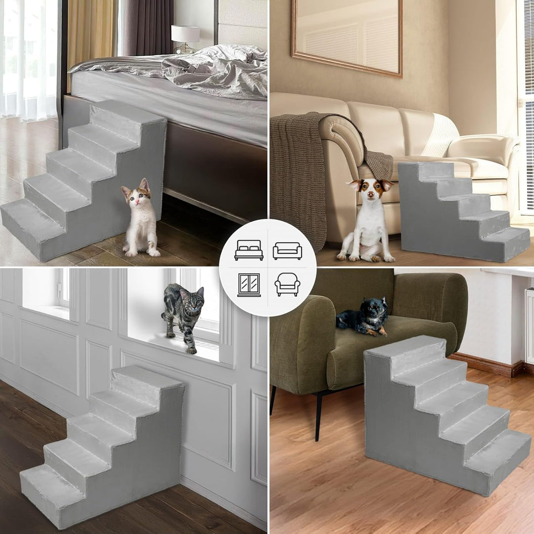 Mg Design Hundetreppe 5 Stufen in Silber – Stabiler Holzrahmen, gelenkschonend, leicht &amp; mobil, für