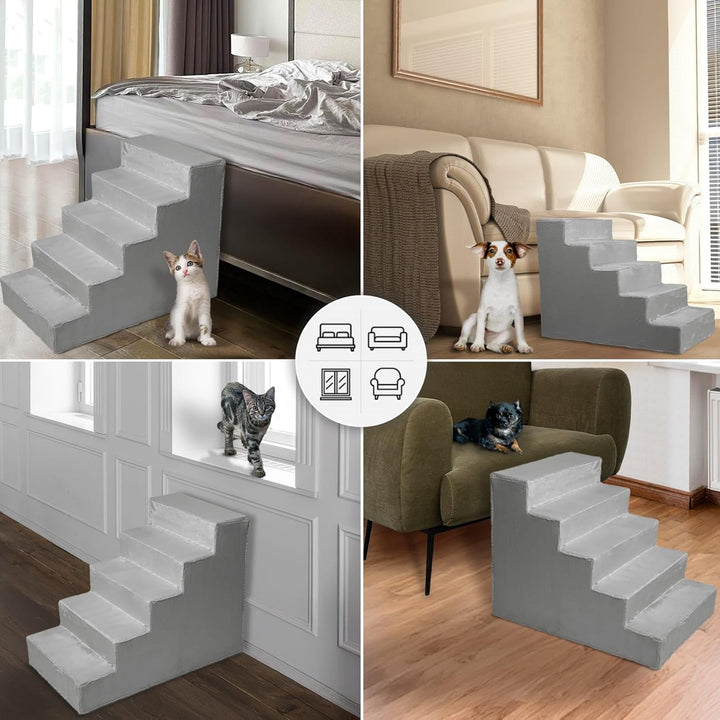 Mg Design Hundetreppe 5 Stufen in Silber – Stabiler Holzrahmen, gelenkschonend, leicht &amp; mobil, für