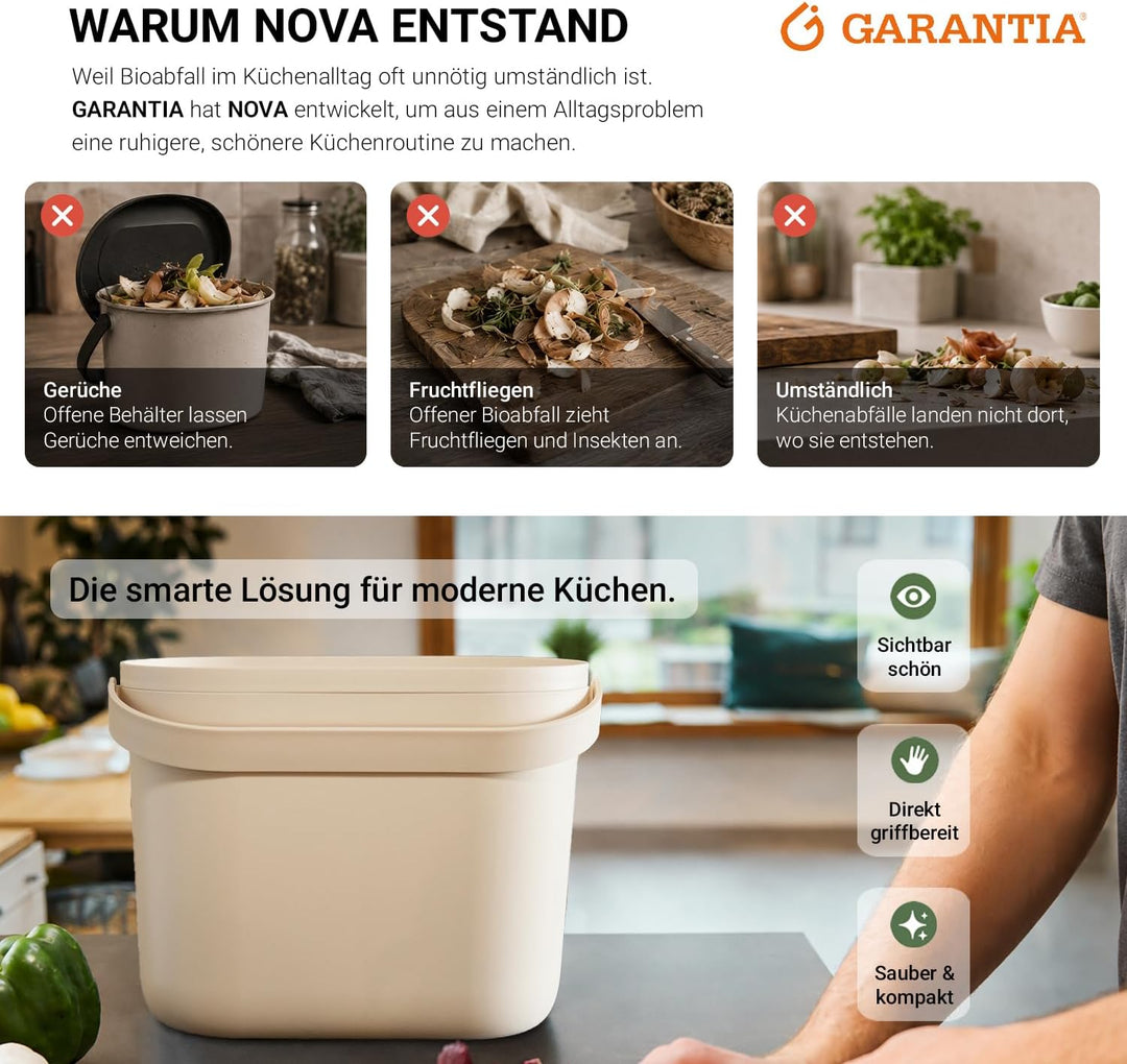GARANTIA NOVA Biomülleimer Küche 8L Sandbeige Geruchsdichter Komposteimer | für Küchenabfälle Kleine