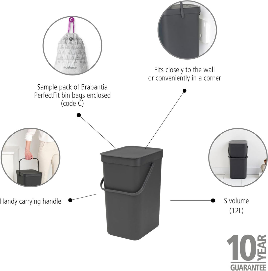 Brabantia Sort & Go Küchen-Recyclingbehälter (12 l/grau), stapelbarer Abfallbehälter mit Griff und a