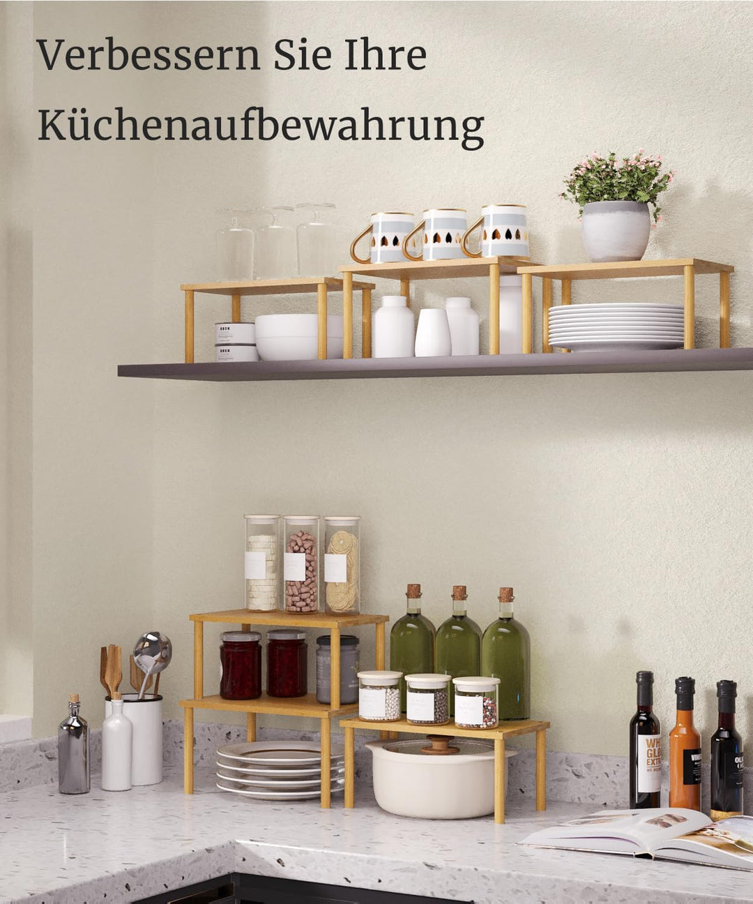 Fibogollo Bambus Schrank Organizer Ablage 3er Set, stapelbares Gewürzregal Mittel Natur Braun Mittel