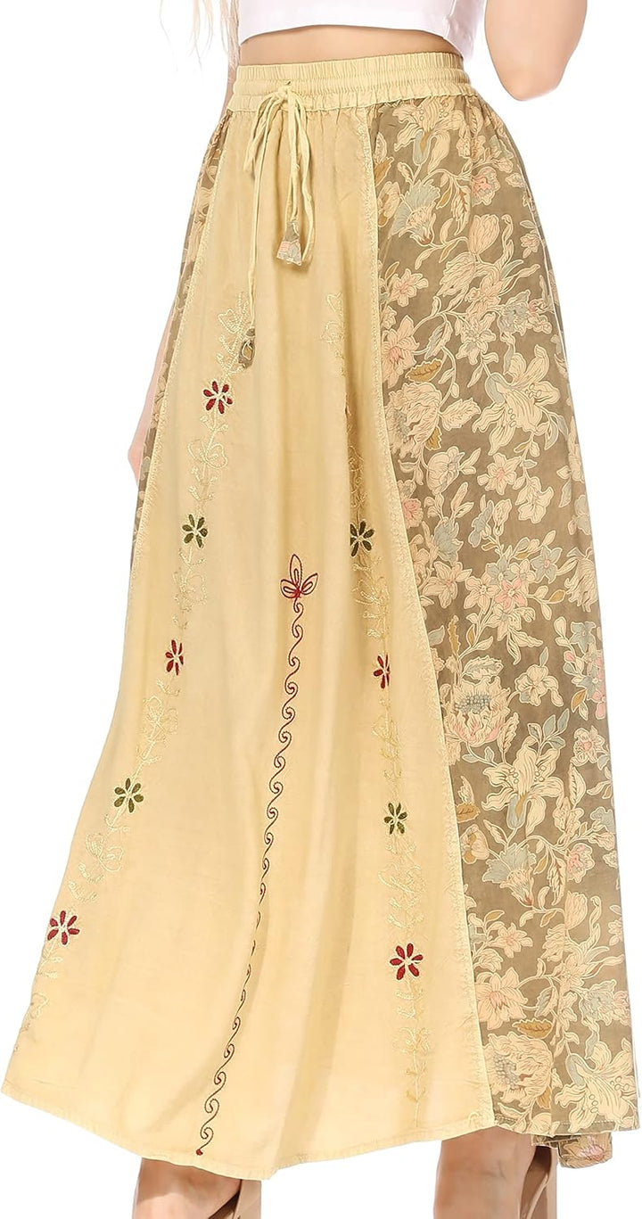 Sakkas Maran Frauen Boho Stickerei Rock mit elastischer Taille und Taschen