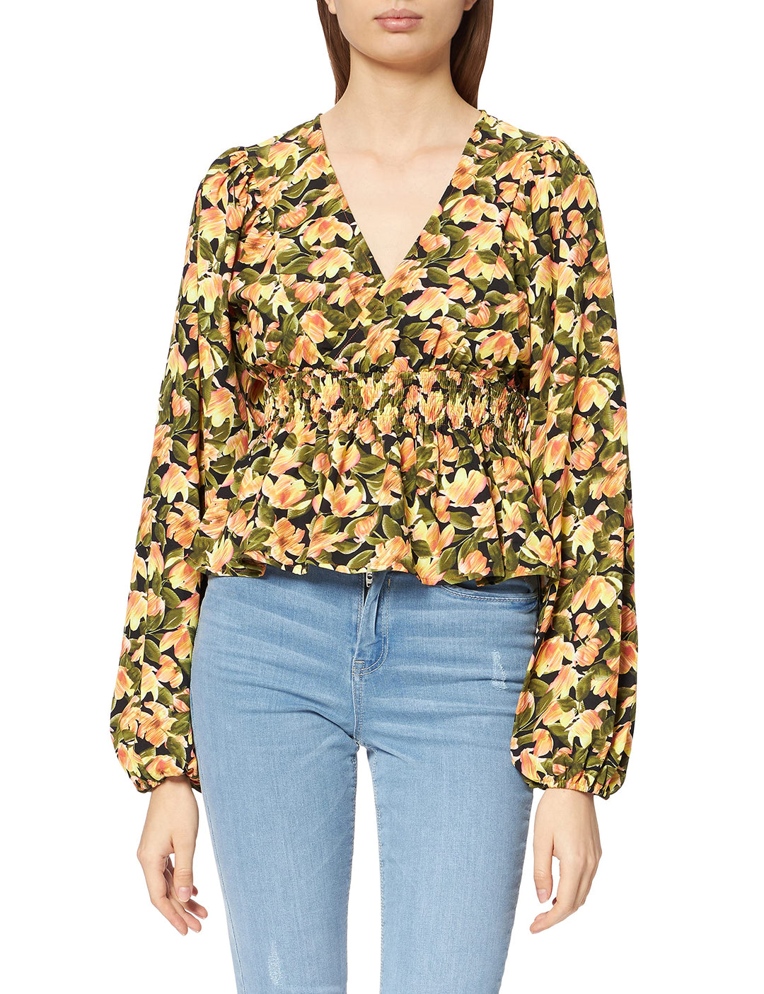 NA-KD Damen Smocked Waist Blouse Bluse 38 Orangefarbene Blume, 38 Orangefarbene Blume
