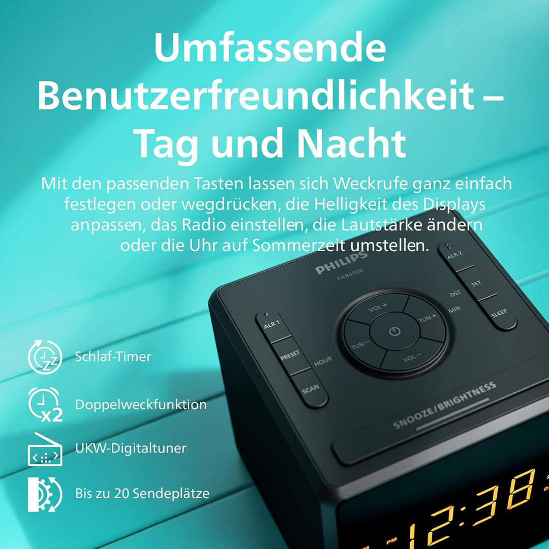 Philips TAR4500 Dual-Alarm FM Radiowecker mit USB-C-Ladeanschluss