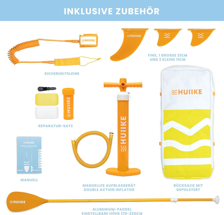 HUIIKE Stand Up Paddling Board mit Zubehör, Paddel, Finnen, Leash, Pumpe, Rucksack. SUP-Board Aufbla