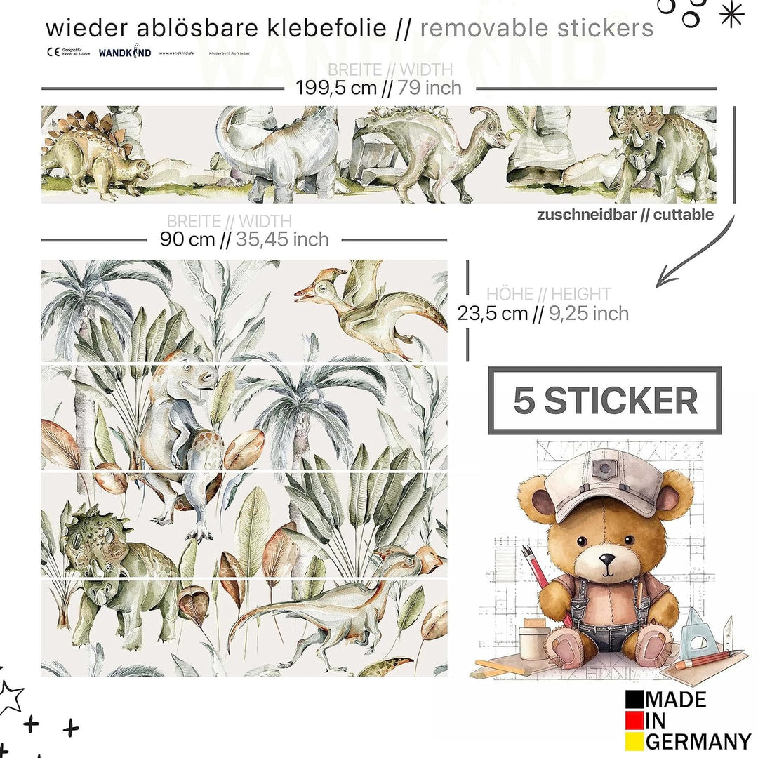 WANDKIND Aufkleber für IKEA KURA Kinderbett Hochbett Klebefolie Möbelfolie Sticker Kinderzimmer Dino