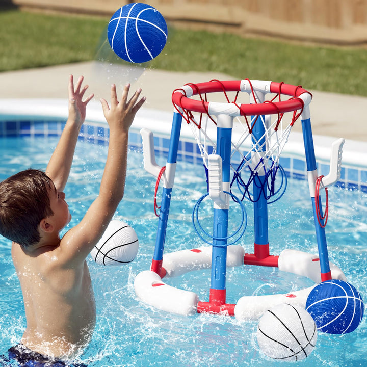 Pool Basketballkorb für Kinder, Wasserspielzeug Pool Basketball mit Backboard, 4 Bällen, 8 Ringen, P