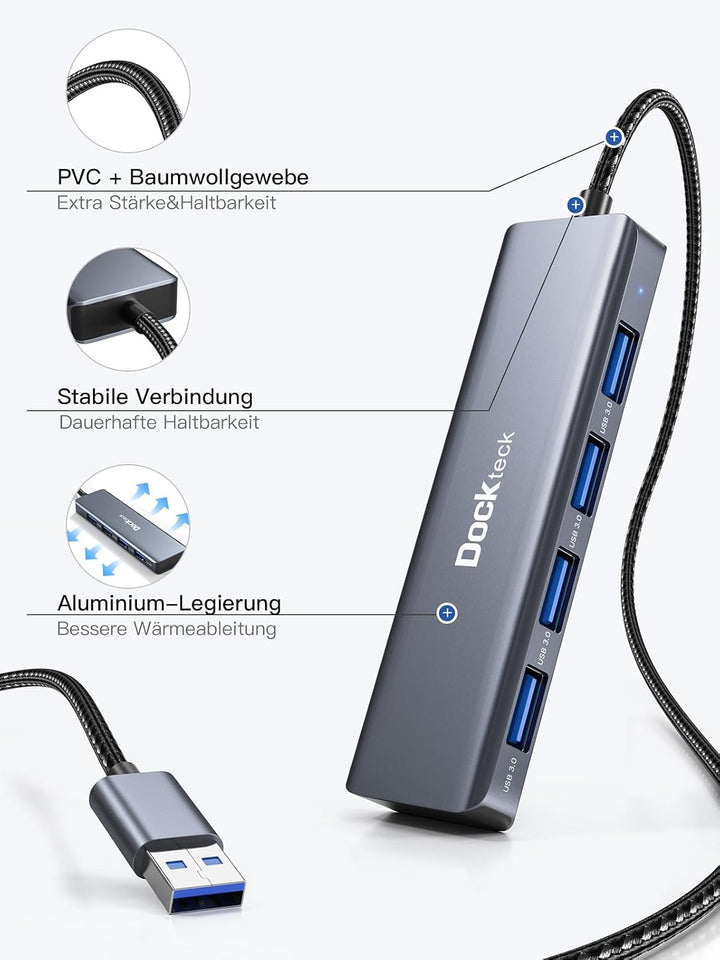 Dockteck USB Hub 3.0 Ultra Flacher Datenhub mit Nylon Geflochten Verlängerungskabel 60cm,Mehrfach US