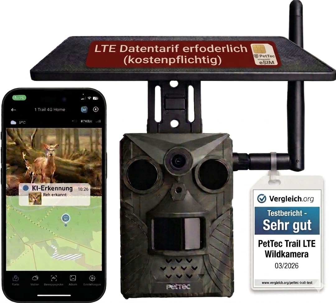 PetTec - PetCam Trail 4G Wildtierkamera mit Solar Panel und mit Nachtsicht & Bewegungsmelder - Ausse