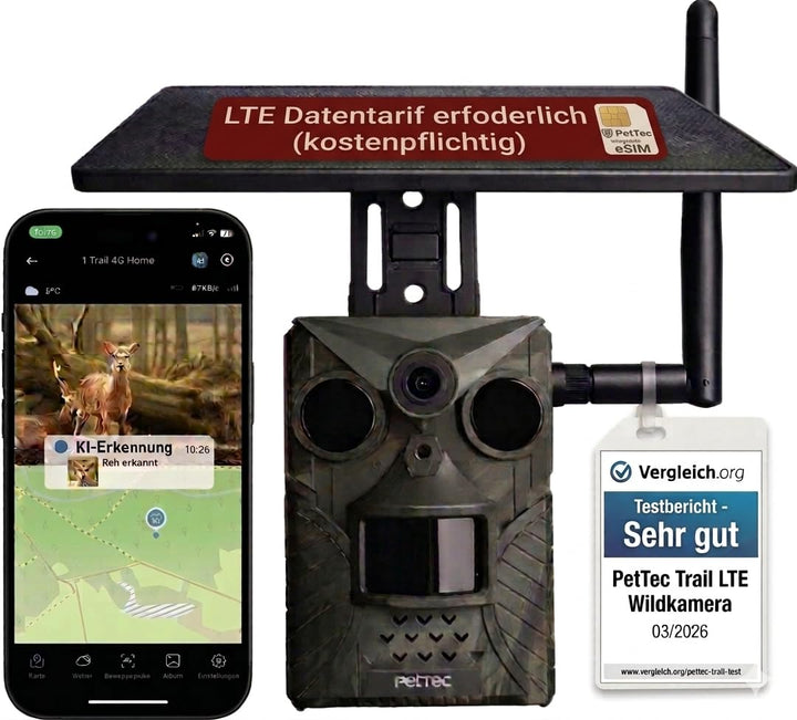 PetTec - PetCam Trail 4G Wildtierkamera mit Solar Panel und mit Nachtsicht & Bewegungsmelder - Ausse