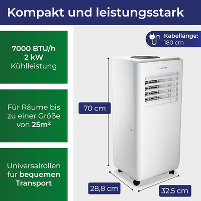 KLAMER Mobile Klimaanlage mit Abluftschlauch und Wassertank, 7000 BTU/h, 3-in-1 Klimagerät für Räume