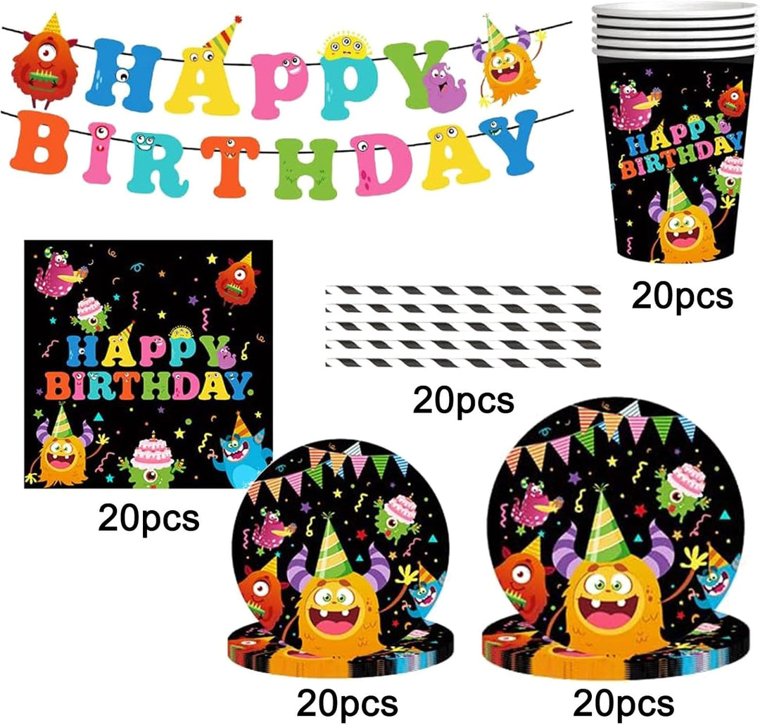 JUMXBUM 101 Stück Monster Geschirr, für 20 Gäste, Monster Geburtstags Geschirr Set, für Kinder Kinde