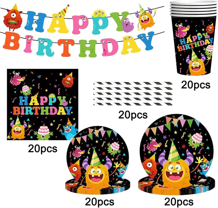 JUMXBUM 101 Stück Monster Geschirr, für 20 Gäste, Monster Geburtstags Geschirr Set, für Kinder Kinde