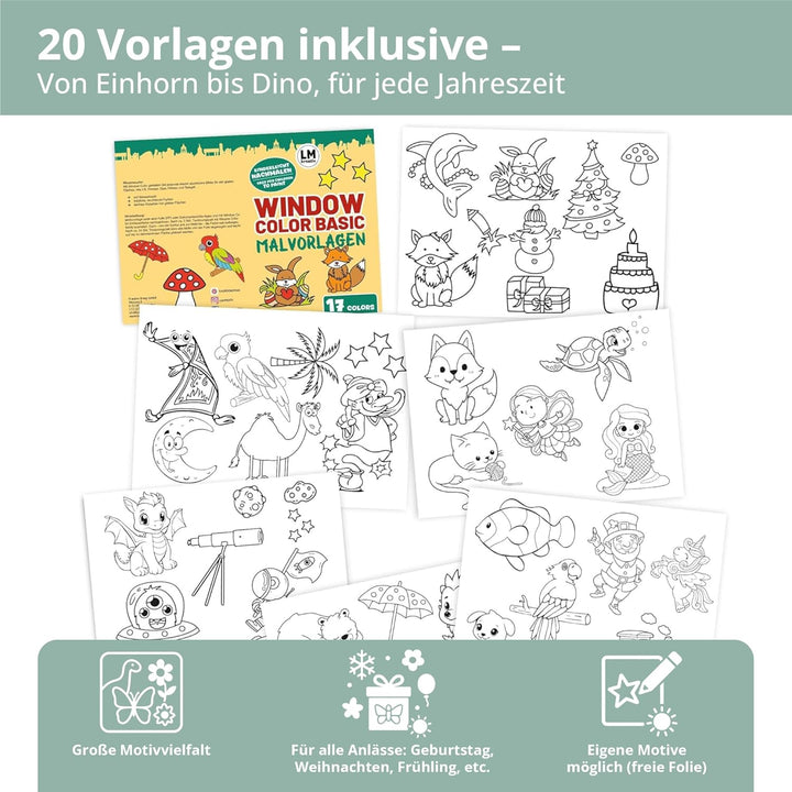 LM Window Color Set (17 x 80 ml Basic inkl. Konturfarbe & Malvorlagen) - Abziehbare Fenstermalfarbe/