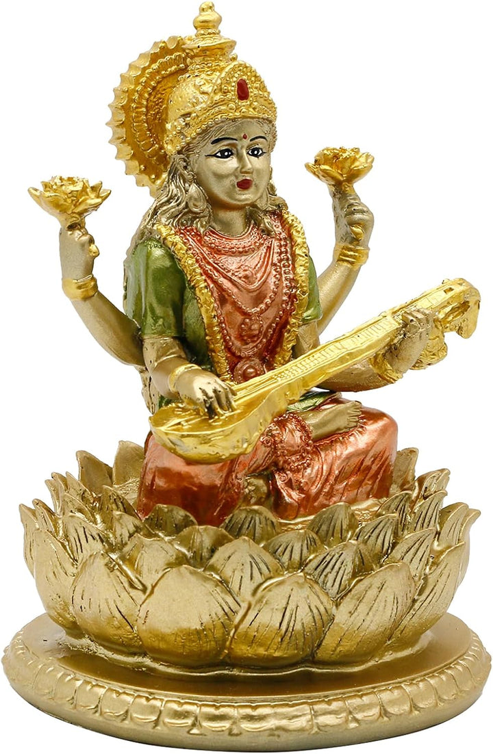 BangBangDa Hindu-Göttin Lord Saraswati Statue – Indisches Idol der Musik sitzend auf Lotus-Skulptur